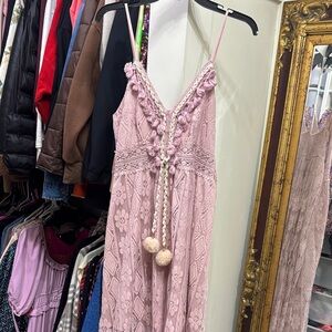 NWT Cupshe- Pink Lace Boho high low Dress with Pom Poms